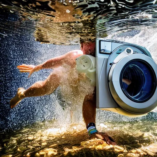 Prompt: tiny bearded mullet man snorkeling inside washing machine, sports photography, detailed, 4k