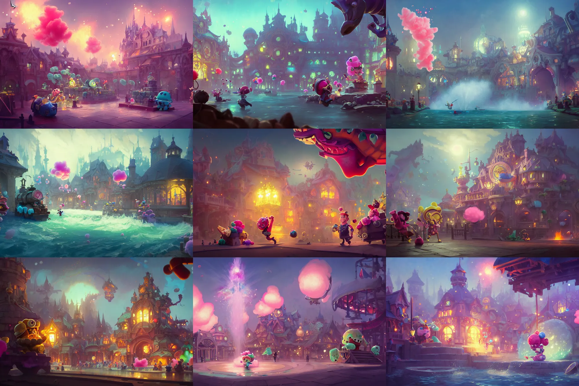 Prompt: splash art brawlstars, light dust, magnificent, theme park, roller coasters, cotton candy bushes, amusement park, medium shot, details, sharp focus, elegant, highly detailed, illustration, by Jordan Grimmer and greg rutkowski and ocellus and alphonse mucha and wlop, intricate, beautiful, Trending artstation, pixiv, digital Art