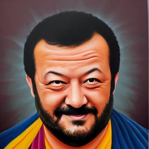 Image similar to thangka painting of matteo salvini, hyperrealistic, trending on artstation