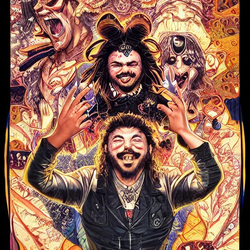 Image similar to portrait of crazy post malone singer, excited, symmetrical, by yoichi hatakenaka, masamune shirow, josan gonzales and dan mumford, ayami kojima, takato yamamoto, barclay shaw, karol bak, yukito kishiro