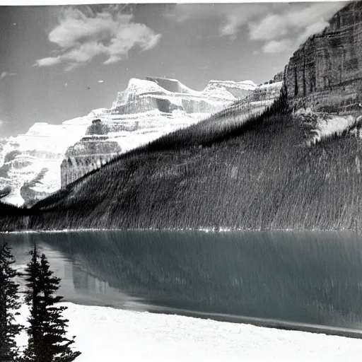 Image similar to still taken from 1945 film of Lake Louise in Banff National park, the water is orange