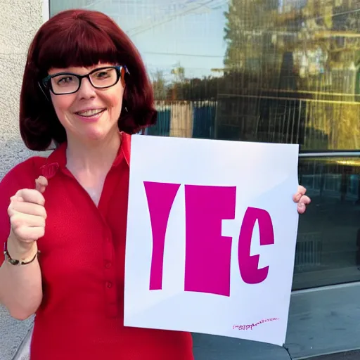 Prompt: Velma holding up a big sign that says YES