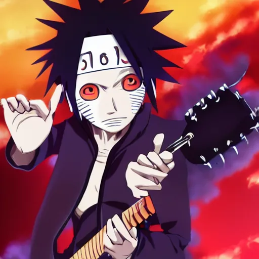 Prompt: madara uchiha playing guitar while obito uchiha sings into a microphone, anime key visual, digital art, anime screenshot, 4k, studio pierrot, trending on artstation