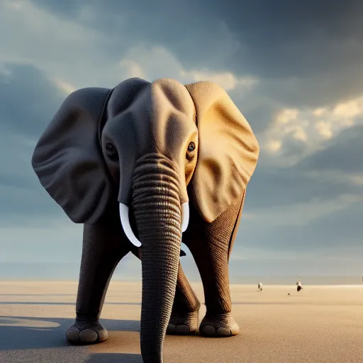 Image similar to a highly detailed beautiful Elephant with smooth and streamlined skin, doing an elegant pose on the beach, artstation, DeviantArt, professional, octane render