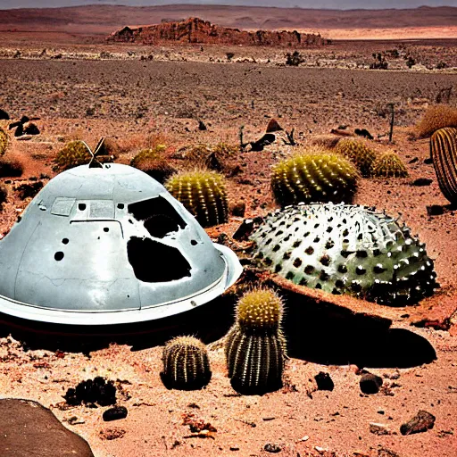 Prompt: crashed burning UFO broken flying saucer in pieces strewn across a rocky desert, with a sad Roswell grey alien trying to repair his destroyed spacecraft in the desert, crashed smoking UFO, crashed bent and broken Flying Saucer, cactus and rocks in the background, dusk, Nikon photo