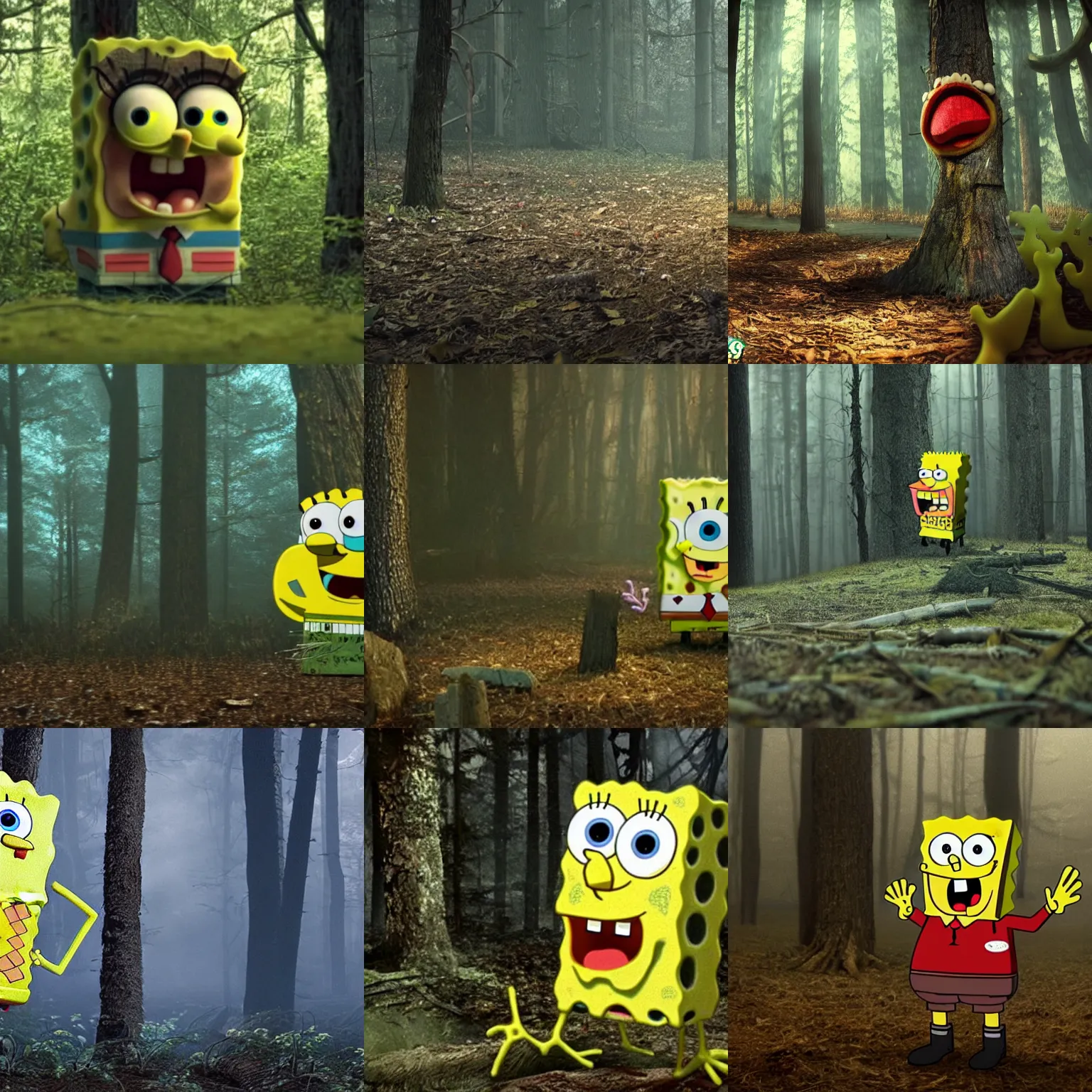 Prompt: found footage of spongebob square pants in woods, creepy, blair witch, front lighting, 4k, realistic
