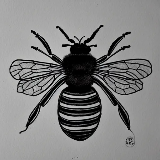 Prompt: bee, black and white, botanical illustration, black ink on white paper, bold lines