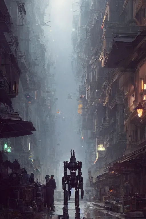 Image similar to a portrait of a robot in the middle foreground walking in the street of an elven city by Greg Rutkowski, Sung Choi, Mitchell Mohrhauser, Maciej Kuciara, Johnson Ting, Maxim Verehin, Peter Konig, final fantasy , mythical, 8k photorealistic, cinematic lighting, HD, high details, atmospheric,