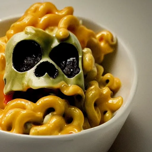 Image similar to a bowl made out of a cyborg android skull filled with delicious mac n' cheese. photograph from a restaurant menu.