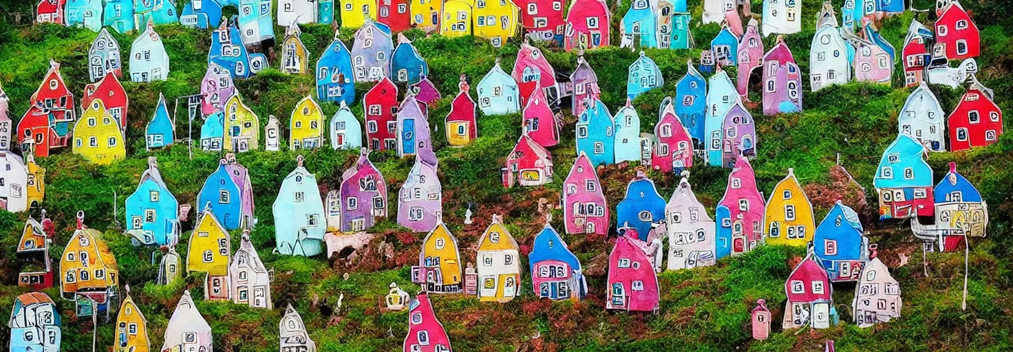 Image similar to quirky surreal naive houses painted by alexander jansson, bright colors.