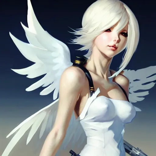 Image similar to greg manchess painting of a 2 yorha type a no. 2 as mercy from overwatch!!, white long hair, large white wings, wartorn environment, organic painting, trending on artstation, by huang guangjian and gil elvgren and sachin teng