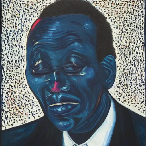 Image similar to a painting of a fatherly wide forehead, round face, XXL , loving, caring, generous, ever-present, humble, wise elder from Kenya in a suit by Wangechi Mutu . Fatherly/daddy, focused, loving, leader, relaxed. blue background, ethereal lights, details, smooth, sharp focus, illustration, realistic, cinematic, artstation, award winning, rgb , unreal engine, octane render, cinematic light, macro, depth of field, blur, , highly detailed epic cinematic concept art CG render made in Maya, Blender and Photoshop, octane render, excellent composition, dynamic dramatic cinematic lighting, aesthetic, very inspirational, arthouse.