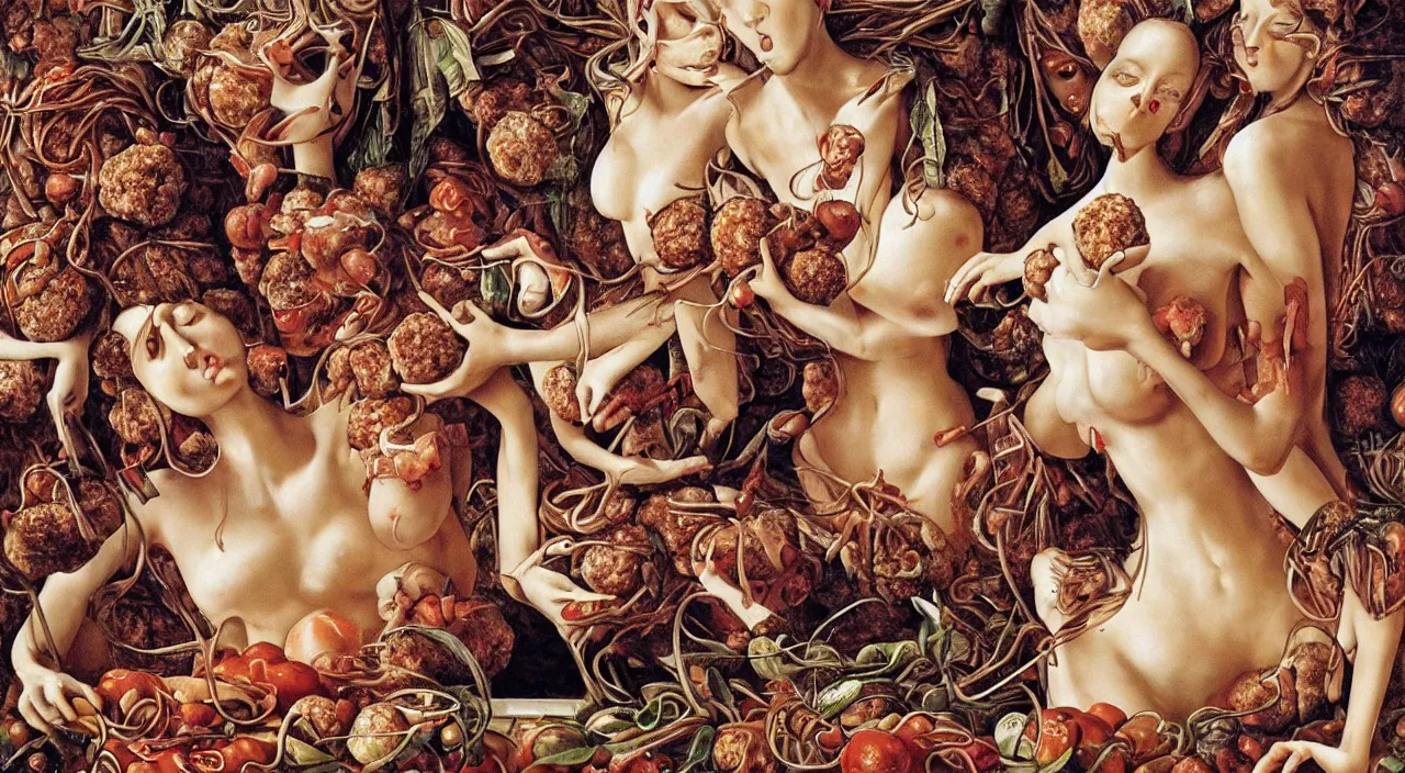 Image similar to illustration, bizarre compositions, blend of perfect woman bodies, spaghetti bolognesa, meatballs by dali, el bosco, exquisite detail