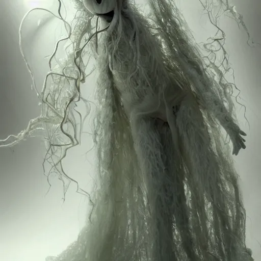 Image similar to ethereal ghostly live action muppet wraith like figure with a parasitic squid head, four long tentacles for arms that flow gracefully at its sides like a cloak, a long fluffy snake tail instead of legs, it stalks around frozen forests searching for lost souls to consume, hides in the shadows of trees, this character uses hydrokinesis and electrokinesis, it is a real muppet by sesame street, photo realistic, real, realistic, felt, stopmotion, photography, sesame street