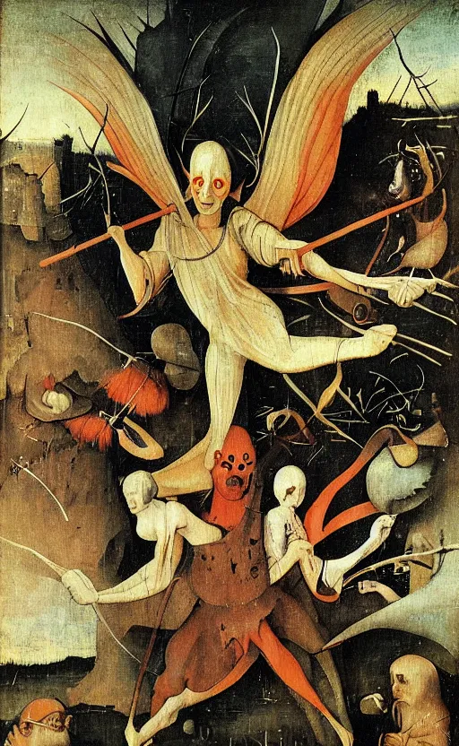 Image similar to a propaganda shitpost featuring a biopunk phoenix by Hieronymus Bosch