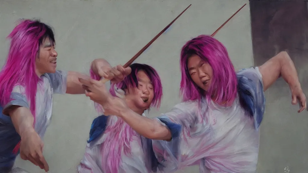 Prompt: asian person with chopsticks fighting a turkish person with pink hair, cinematic, 4 k, oil painting