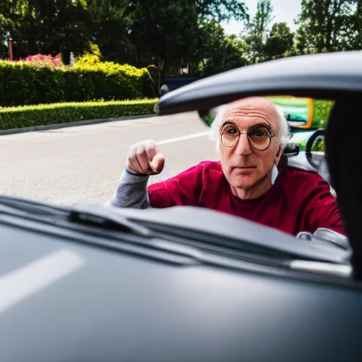 Image similar to larry david driving a toy car, canon eos r 3, f / 1. 4, iso 2 0 0, 1 / 1 6 0 s, 8 k, raw, unedited, symmetrical balance, wide angle