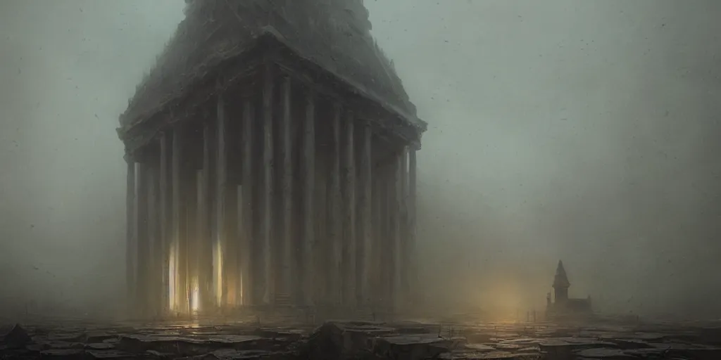 Image similar to Hyper realistic painting depicting temple of an eldrich god, horror, fog, dark fantasy, volumetric lighting, by greg rutkowski, trending on artstation