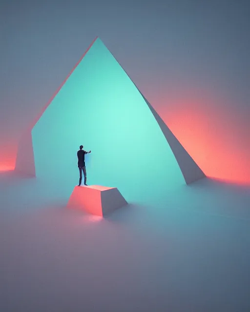 Image similar to a man standing in the middle of a mountain with a glowy neon triangle, a render by filip hodas, behance contest winner, environmental art, rendered in cinema 4 d, volumetric lighting