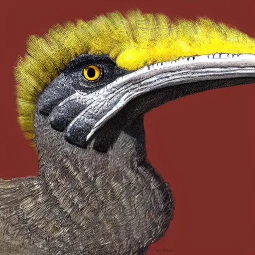 Prompt: a black feathered scientifically accurate Troodon with large yellow high detail eyes