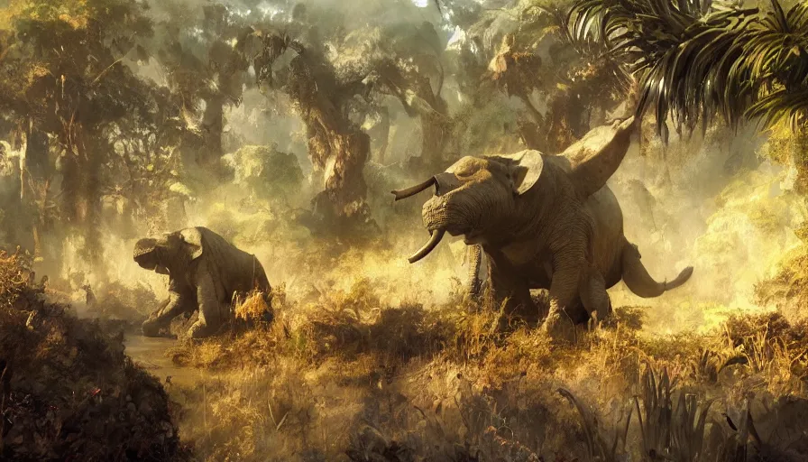 Image similar to craig mullins illustration of the dark continent, jungle wilderness filled with megafauna, colorful highly detailed, award winning, hyper realism, realistic shading, cinematic composition, dramatic lighting, colorful, detailed textures, photorealistic, wide shot