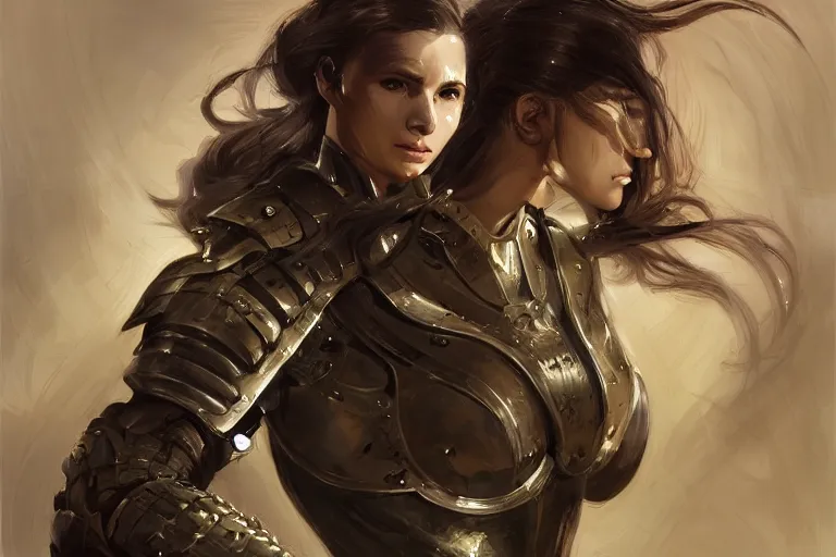 Image similar to a portrait of an attractive young woman, clothed in battle armor, olive skin, long dark hair, beautiful bone structure, symmetrical facial features, intricate, elegant, highly detailed, digital painting, trending on Artstation, concept art, smooth, sharp focus, illustration, from Metal Gear by Ruan Jia and Mandy Jurgens and Artgerm and greg rutkowski and william-adolphe bouguerea, award winning