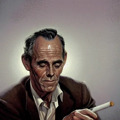 Image similar to a highly detailed epic cinematic concept art CG render digital painting artwork costume design: Henry Fonda as a 1950s tired disillusioned poet, barefoot, holding a cigarette. volumetric lighting. By Greg Rutkowski, in the style of Francis Bacon and Syd Mead and Norman Rockwell and Beksinski, open ceiling, highly detailed, painted by Francis Bacon and Edward Hopper, painted by James Gilleard, surrealism, airbrush, Ilya Kuvshinov, WLOP, Stanley Artgerm, very coherent, triadic color scheme, realistic facial expression, art by Takato Yamamoto and James Jean