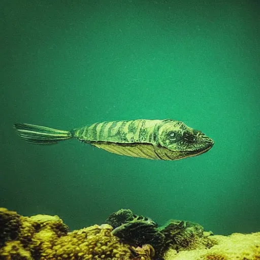 Prompt: “ underwater photograph of distant sea creature, greenish, murky ”