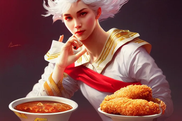 Image similar to kfc chicken, portrait, elegant, intricate, digital painting, artstation, concept art, smooth, sharp focus, illustration, art by artgerm and greg rutkowski and alphonse mucha