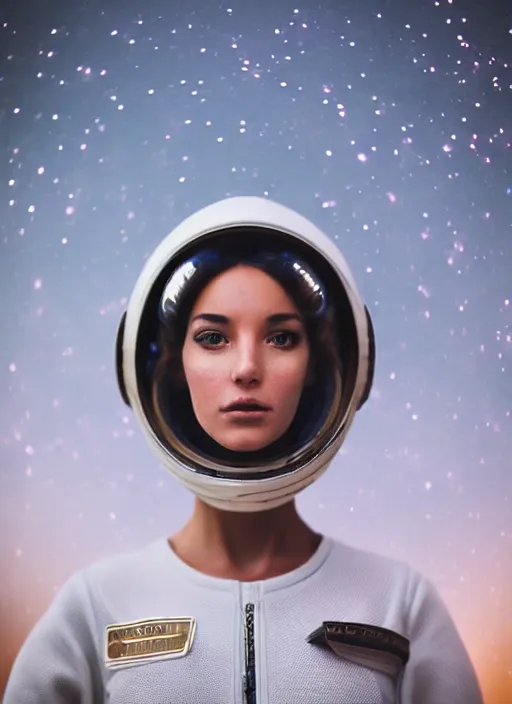 Prompt: photograph portrait of a very pretty!!! woman! symmetric face, petzval lens. out of focus stars, look at the camera. in an very detailed astronaut costume. futuristic helmet with neck guard, space station. by alesio albi and george lucas and stanley kubrick