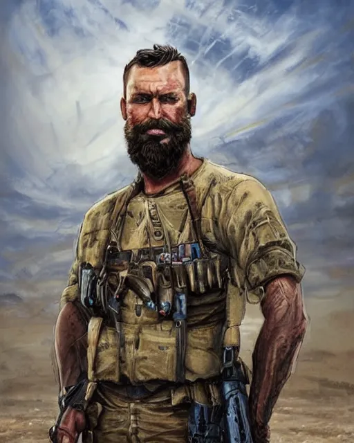 Image similar to portrait of muscular, tired and alcoholic 3 0 - year - old handsome man with short darkblonde hair, serious sad look in his eyes, dirty beard, blue eyes, wearing dirty soldier uniform, on the desert, hyper realistic face, beautiful eyes, character art, art by mark brooks, hyperdetailed, cryengine, trending on artstation, digital art