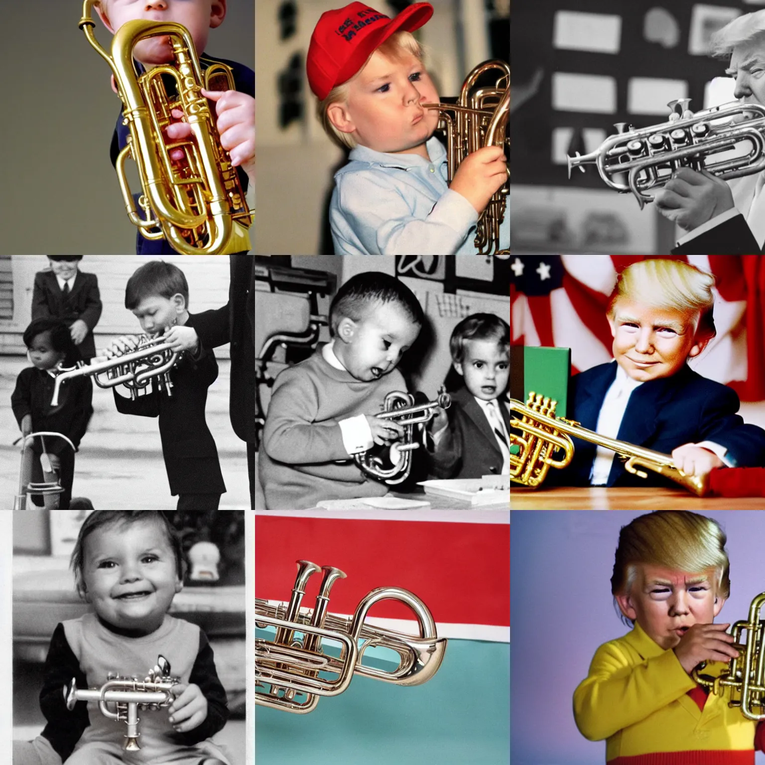 Prompt: donald trump, fisher price my first trumpet, in kindergarten