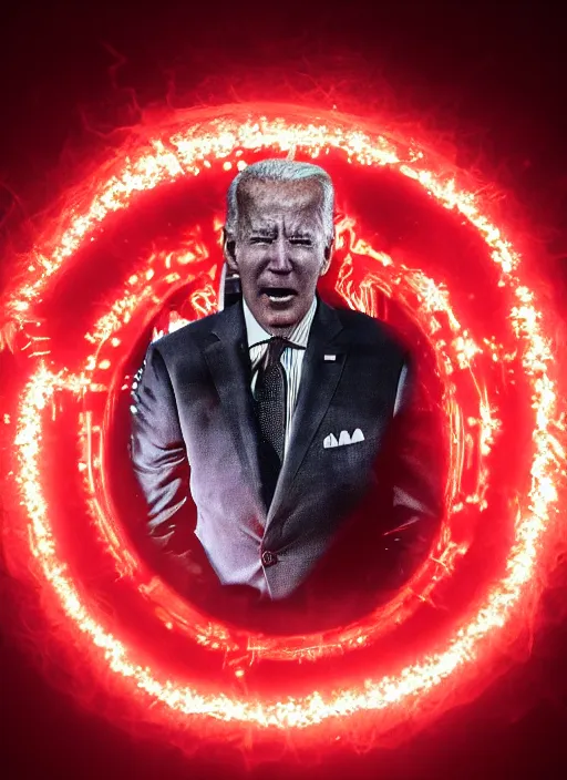 Image similar to hyper realistic ultra realistic hyper dimensional photo furious glowing red eyes biden, high quality photo, detailed , 8k