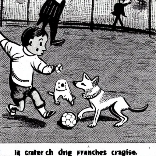 Prompt: illustration of french boy in paris playing football against a corgi, the dog is wearing a polka dot scarf, comic, 1 9 6 2