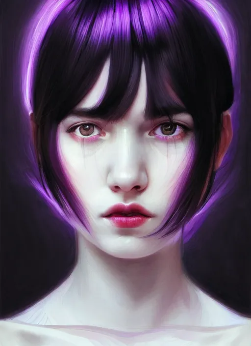 Image similar to portrait of teenage girl, red irises, bangs, black and white hair, white bangs, purple clothes, white bangs, two color hair, black hair and white bangs, intricate, elegant, glowing lights, highly detailed, digital painting, artstation, concept art, smooth, sharp focus, illustration, art by wlop, mars ravelo and greg rutkowski