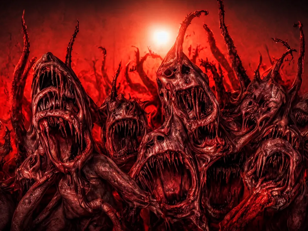 Prompt: twisted demonic creatures screaming, sun dripping liquid blood in the background, horror, hellish, grotesque, monstrosity, accursed, insanity, nightmare, High Definition detail, 8K