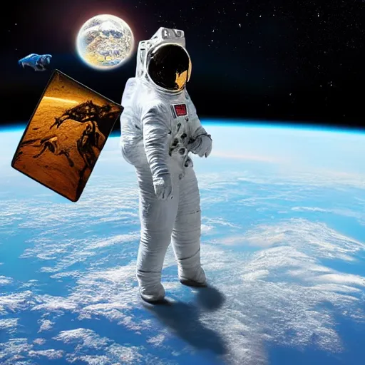 Image similar to surreal art astronaut standing on all fours and horsey stand on him