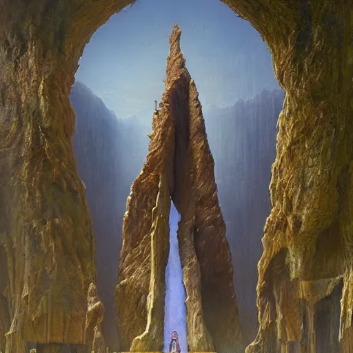 Image similar to a mysterious post human monument realm, hyper real, by James Gurney