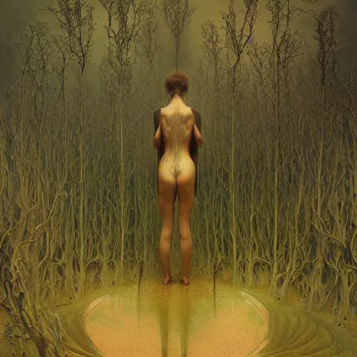 Image similar to creepy landscape by zdzisław beksinski, iris van herpen, raymond swanland and alphonse mucha. highly detailed, hyper - real, beautiful