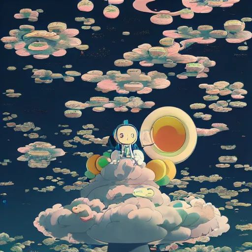 Image similar to a man walking on clouds above kyoto by takashi murakami, beeple and james jean, aya takano color style, 4 k, super detailed