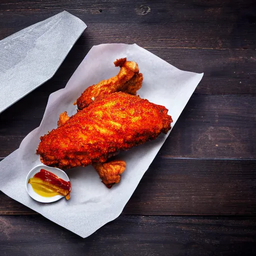 Prompt: Nashville hot chicken, HD, studio lighting, 8K, hyper realistic, michelin 5 star, award winning photo