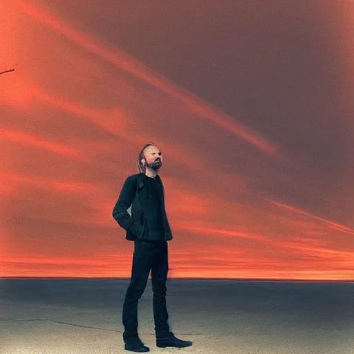 Image similar to thom yorke standing in moscow street, full body, more details, red sky, super realistic,