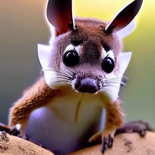 Prompt: Super cute animal combination of Sugar glider, Gecko, Sand cat, Bee hummingbird, Racoon dog, Pygmy hippopotamus , Leafy sea dragon, Elephant Shrew, Margay, Klipspringer, Fennec Fox, Tawny frogmouth, Tarsier, Quetzal and Star-nosed mole