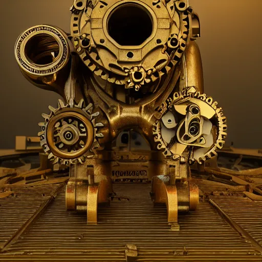 Prompt: a mechanical monster made out of brass gears, pipes and pulleys, 3 d render, octane, ray tracing, ultra high detail, photorealistic, high resolution, 8 k