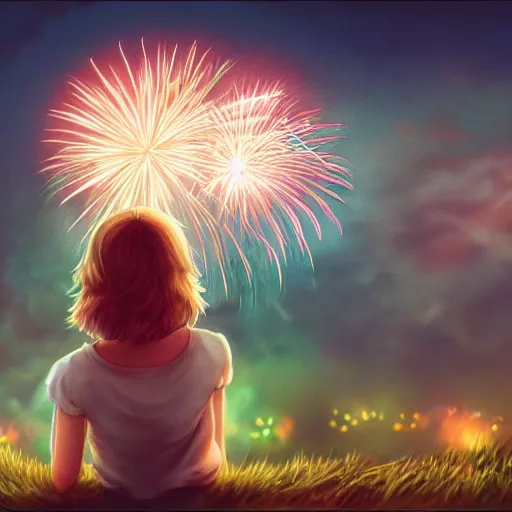 Image similar to girl watching watching fireworks on a hill, digital art, by ben weiner, richard estes, range murata, akiyuki shinbou, yoshitaka amano, wlop, highly detailed, realistic, cinematic, bold colours, dark sky, photorealism, 4 k, wide angle lens, trending on artstation, artgerm