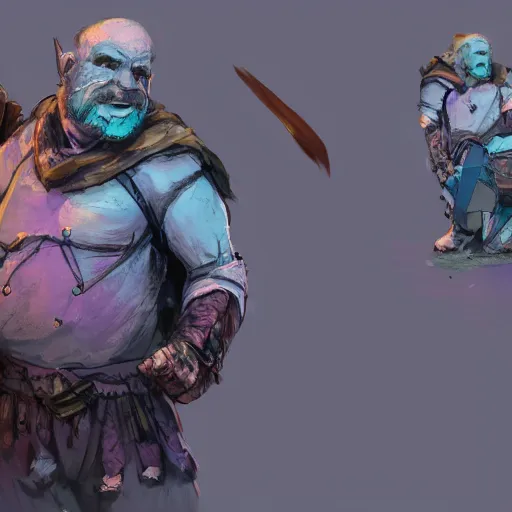 Prompt: male duergar adventurer with purple skin, by Ismail Inceoglu, wearing leather adventuring clothes, shabby, short, bald, wielding knife, mischievous grin, character portrait, digital art, dungeons and dragon, character
