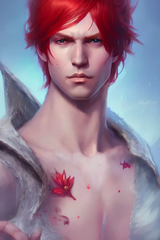 Image similar to fairy prince, red hair, highly detailed, d & d, fantasy, highly detailed, digital painting, trending on artstation, concept art, sharp focus, illustration, art by artgerm and greg rutkowski and fuji choko and viktoria gavrilenko and hoang lap