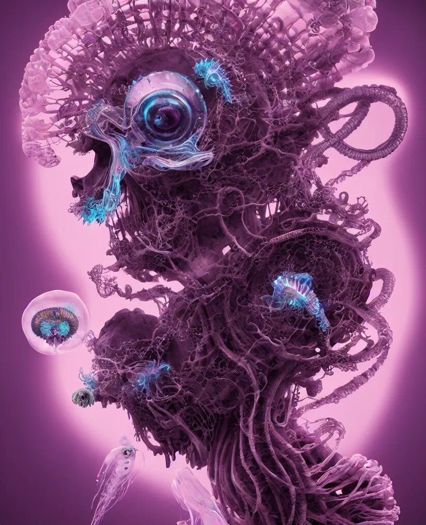 Image similar to goddess close-up portrait ram skull, thorax, x-ray, backbone, jellyfish phoenix head, nautilus, orchid, skull, betta fish, bioluminiscent creatures, intricate artwork by Tooth Wu and wlop and beeple. octane render, trending on artstation, greg rutkowski very coherent symmetrical artwork. cinematic, hyper realism, high detail, octane render, 8k