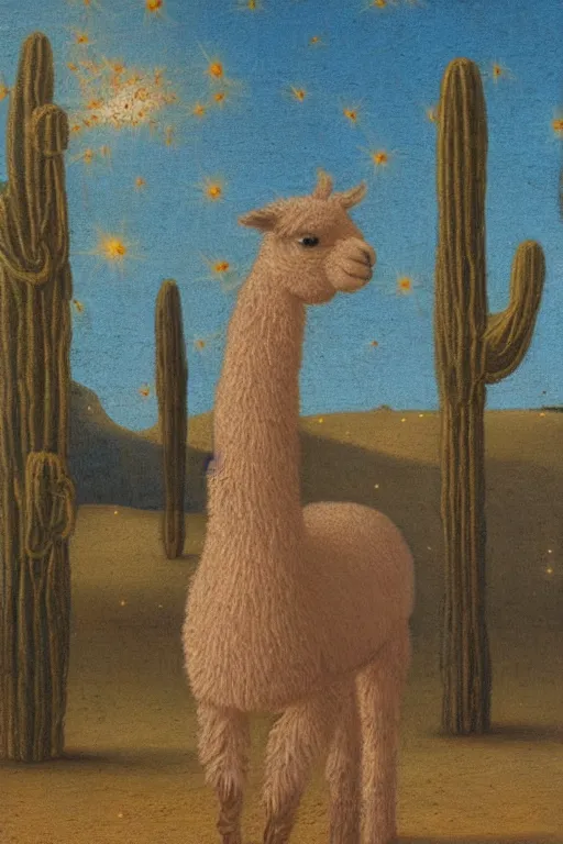 Prompt: detailed renaissance oil painting of an alpaca shaped building standing in the desert of pastel feathers lit by small fireflies at night