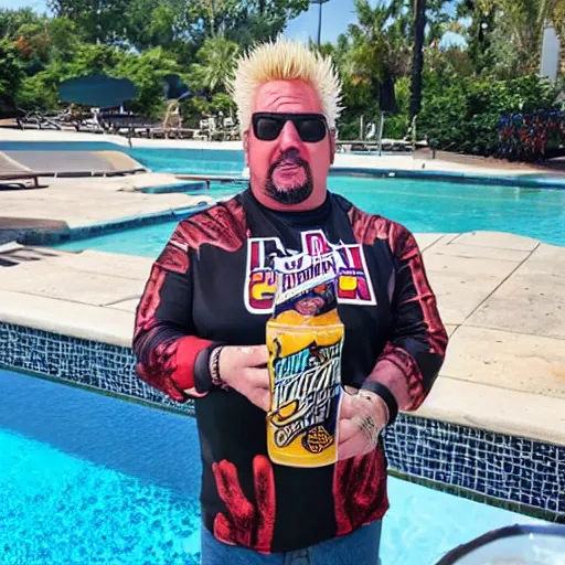 Prompt: guy fieri as thanos drinking a white claw at the pool